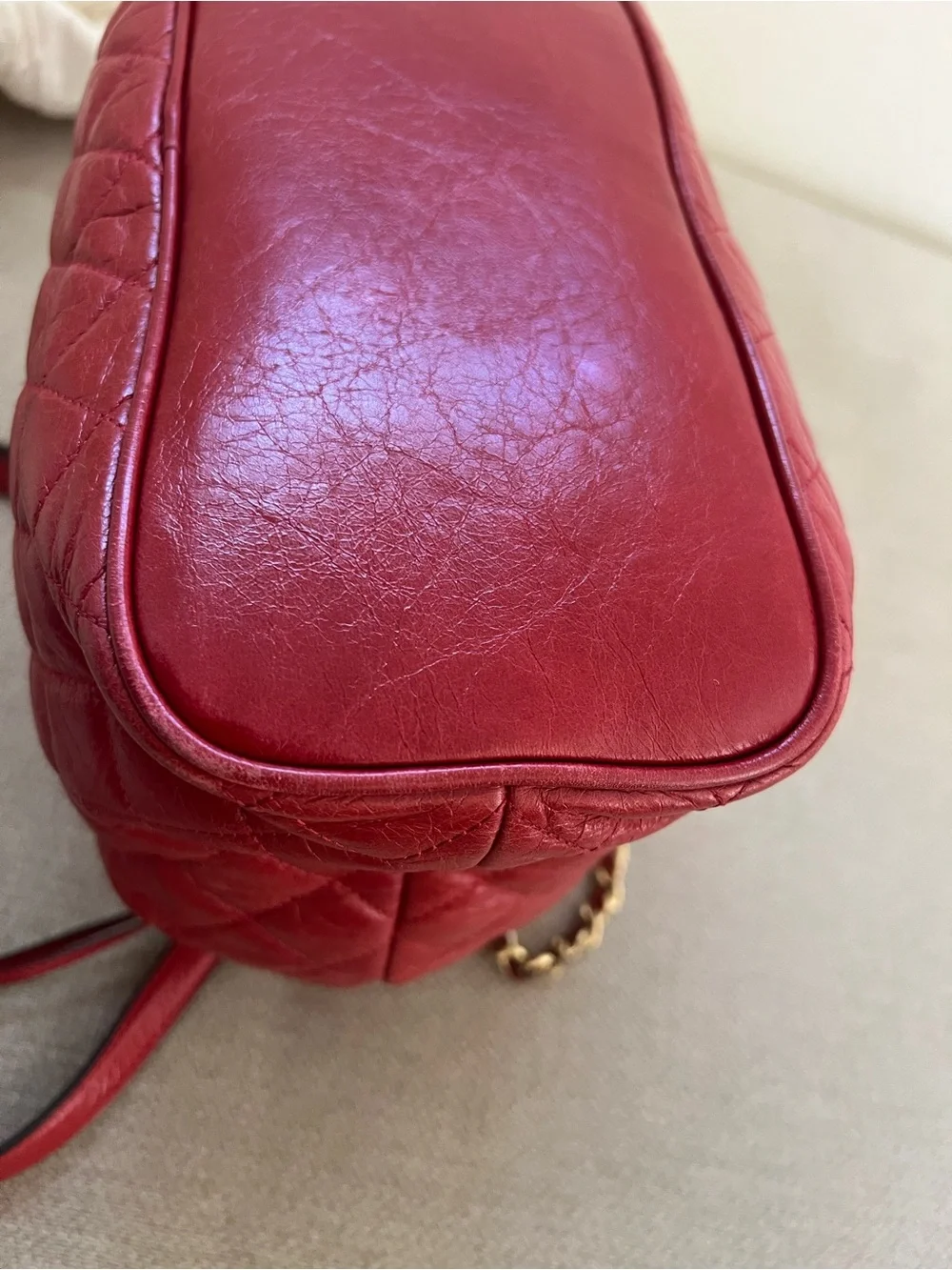 Michael Kors Quilted Red Leather Drawstring Hobo with Gold Chain